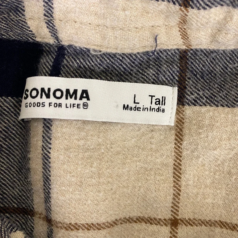 Sonoma Goods For Life Flannel Mens Large Tall Blue Cream Plaid Button Down Shirt